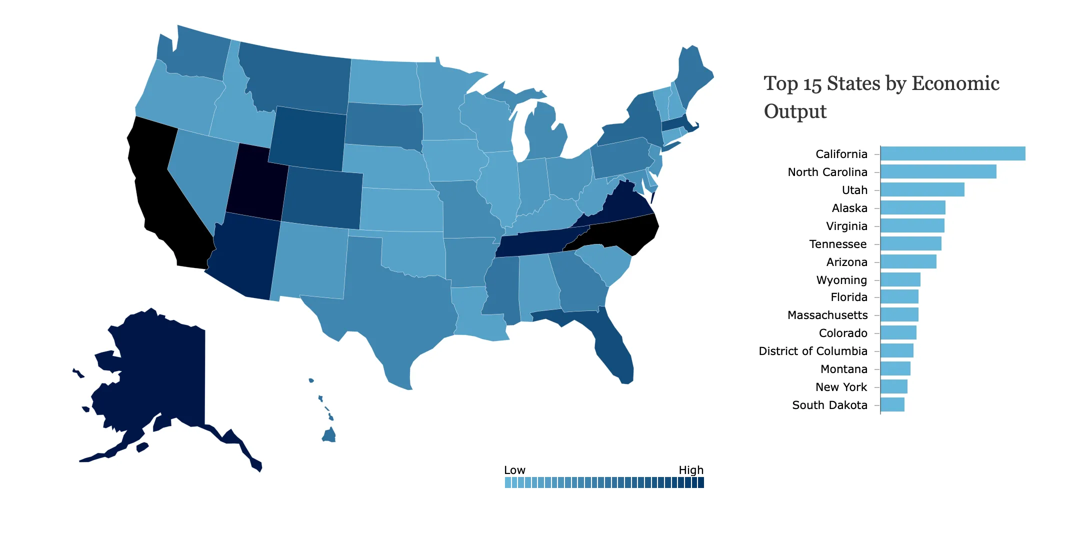 Map showing top 15 states by economic output